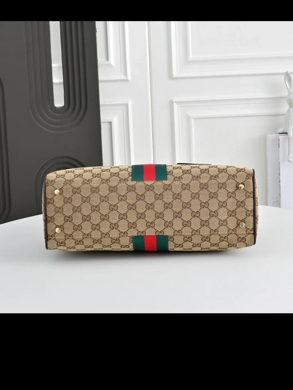 Gucci Beige GG Supreme Satchel with Green and Red Web Stripe